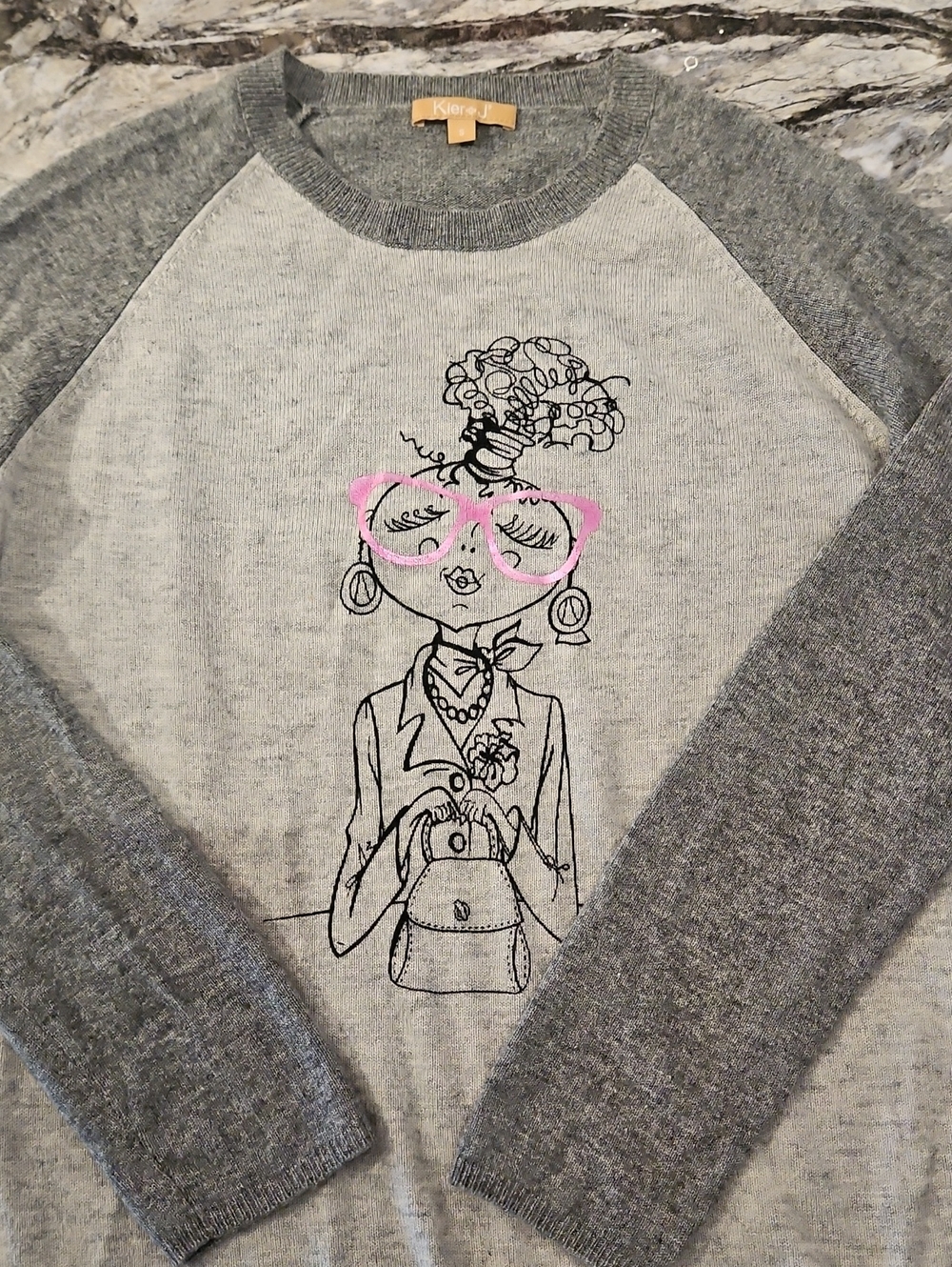 Women's Gray Raglan Sweater with Pink Sunglasses Graphic